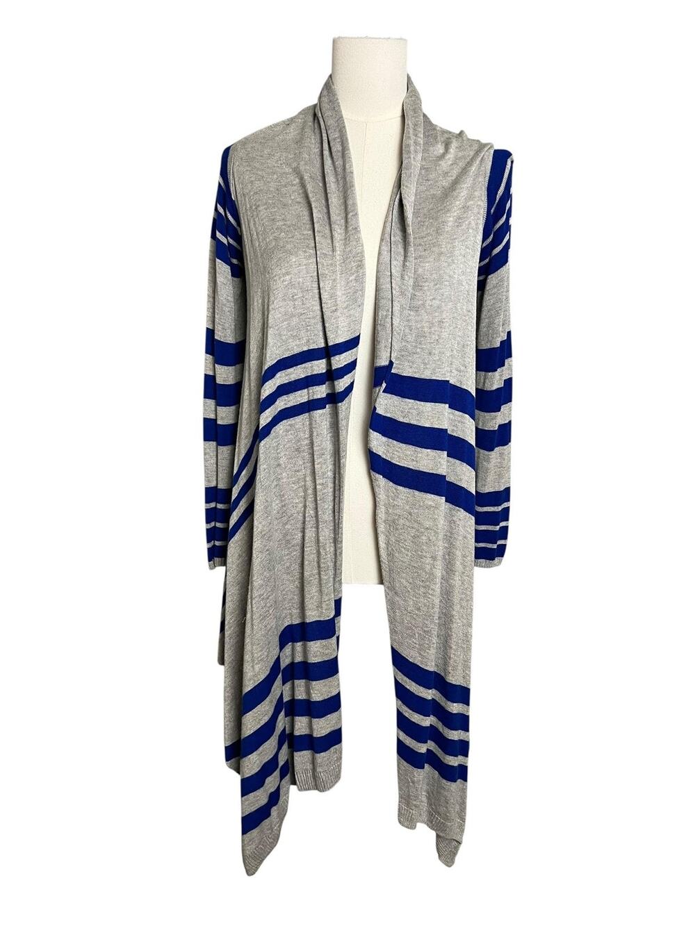 Renee C. Cardigan Sweater Womens S/M Gray Blue Stripe Open Front Knit Cozy